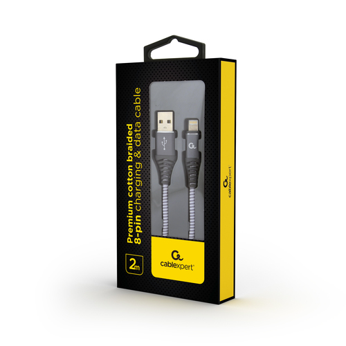 Gembird Premium cotton braided 8-pin charging and data cable, 2m, spacegrey/whit USB kabelis