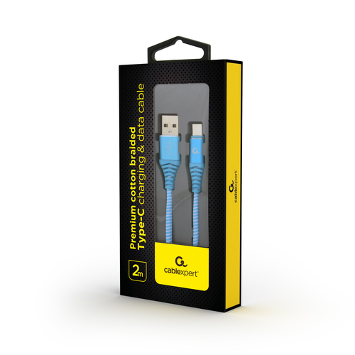 Gembird Premium cotton braided Type-C USB charging and data cable,2m,blue/white USB kabelis