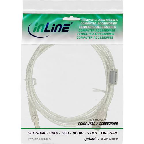 Kabel USB InLine Ferrytowy USB A/B, 0.5m, Przezroczysty (34505) USB kabelis