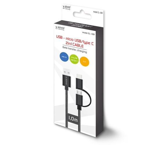 Savio CL-128 USB cable 1 m USB 2.0 USB A USB C/Micro-USB A Black USB kabelis