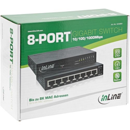 InLine Gigabit Netzwerk Switch 8-Port, 1GBit/s, Desktop, lufterl komutators