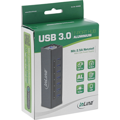 InLine USB 3.0 HUB Active 7 Port Aluminum with 35395B power supply USB centrmezgli