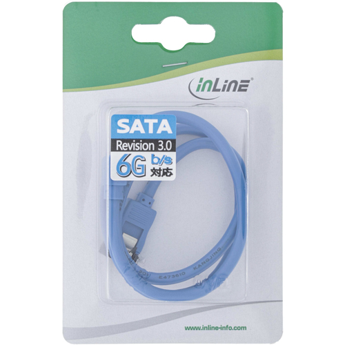  InLine Kabel SATA 6Gb/s okragly, oplywowy, katowy 90 , z zatrzaskami, Cyan 0.5m (27705F) kabelis datoram