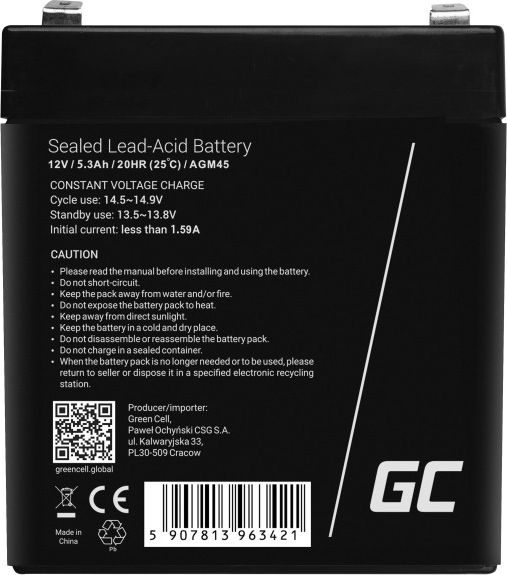 AGM Battery Lead Acid 12V 5.3Ah Maintenance Free Green Cell for alarm and car UPS aksesuāri