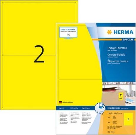 Herma Kolorowe etykiety A4, 199,6 x 143,5 mm, zolty, trwala przyczepnosc - 4565 4565 (4008705045650) uzlīmju printeris