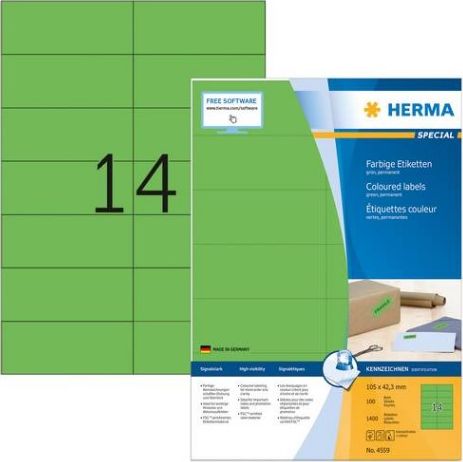 Herma Kolorowe etykiety A4, 105 x 42,3 mm, zielony, trwala przyczepnosc - 4559 4559 (4008705045599) uzlīmju printeris