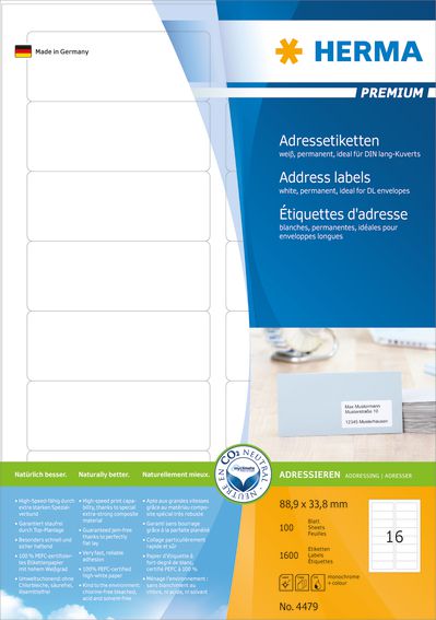 Herma Etykiety adresowe Premium A4, papier matowy, 1600 szt (4479) 4479 (4008705044790) uzlīmju printeris