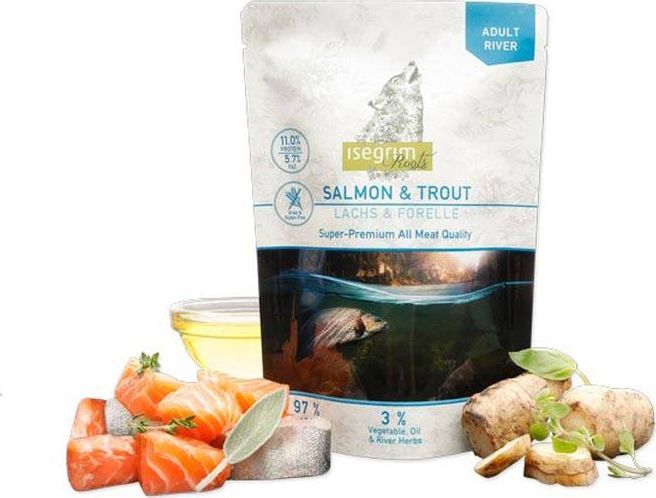 Isegrim Isegrim Salmon & Trout - mokra karma dla doroslych psow, losos z pstragiem i ziolami rzecznymi, saszetka 410g 95751 (4250231541018) barība suņiem