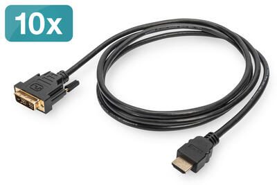 DIGITUS HDMI - DVI Adapterkabel Typ A-DVI (18 + 1) St/St, 2m, 10er Set, Full HD, schwarz