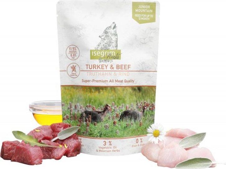 Isegrim Isegrim Junior Turkey & Beef - mokra karma dla mlodych psow, indyk z salsefia i ziolami gorskimi, saszetka 410g 95750 (4250231541070 barība suņiem