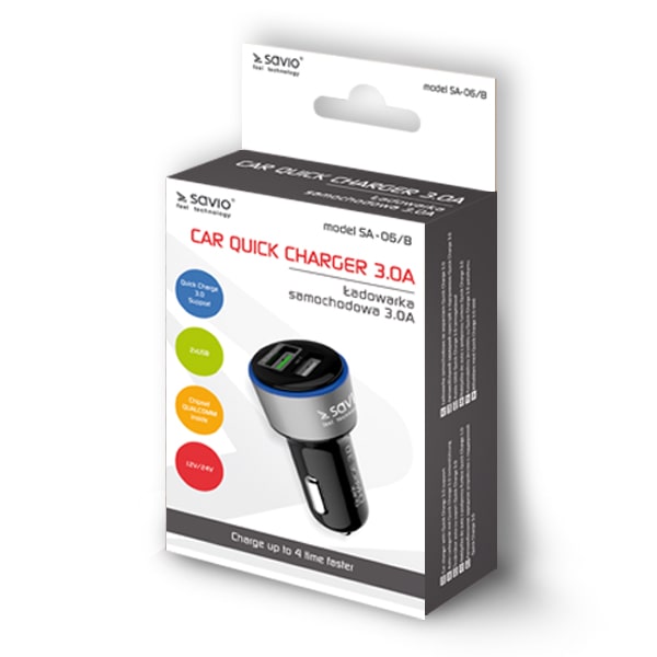 Charger car for smartphone SAVIO Quick Charge 3.0 SA-06/B (2400 mA, 3000 mA; USB) aksesuārs mobilajiem telefoniem