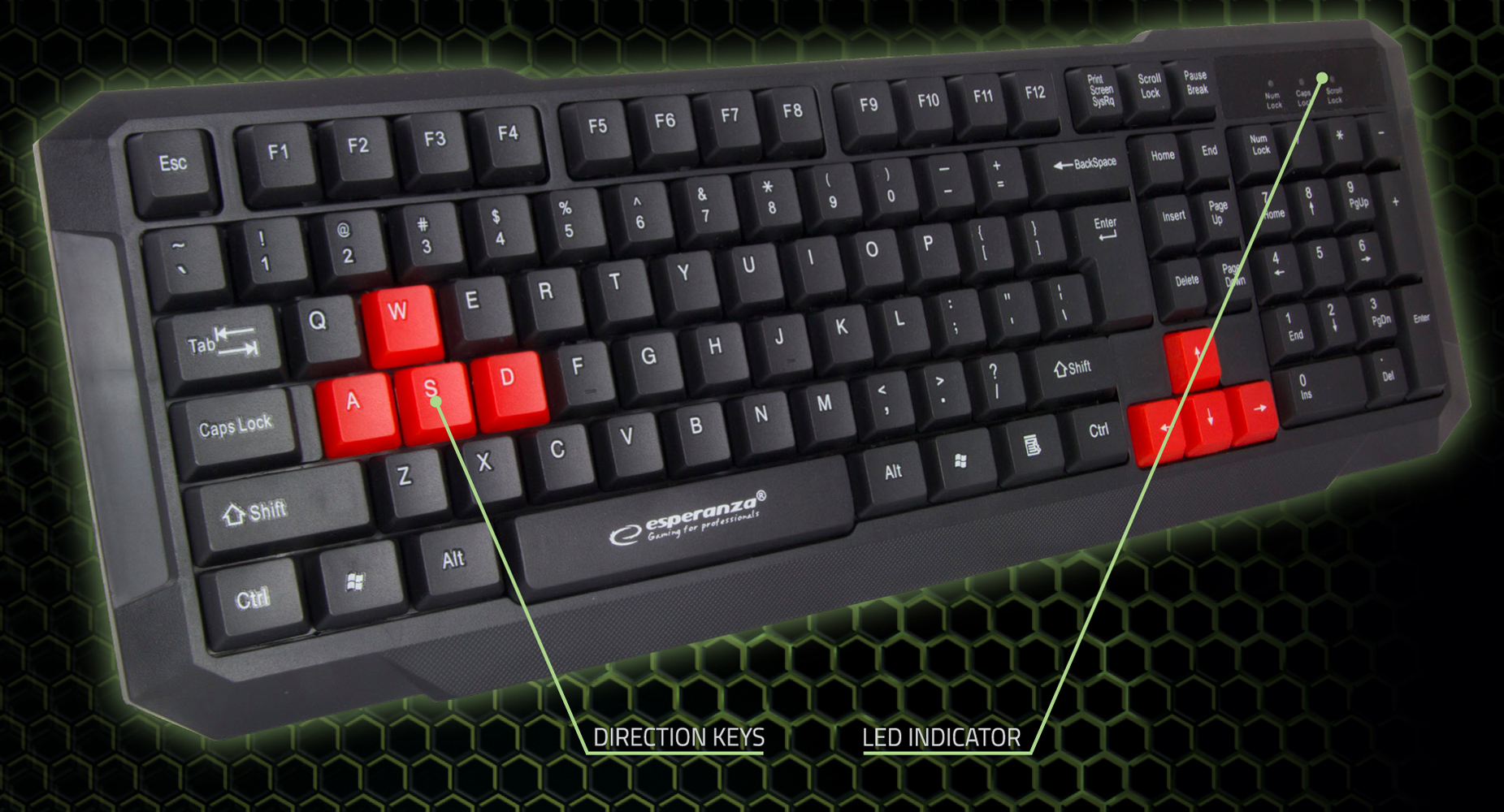 Keyboard membrane Esperanza ASPIS EGK102R (USB 2.0; black color, red color) klaviatūra