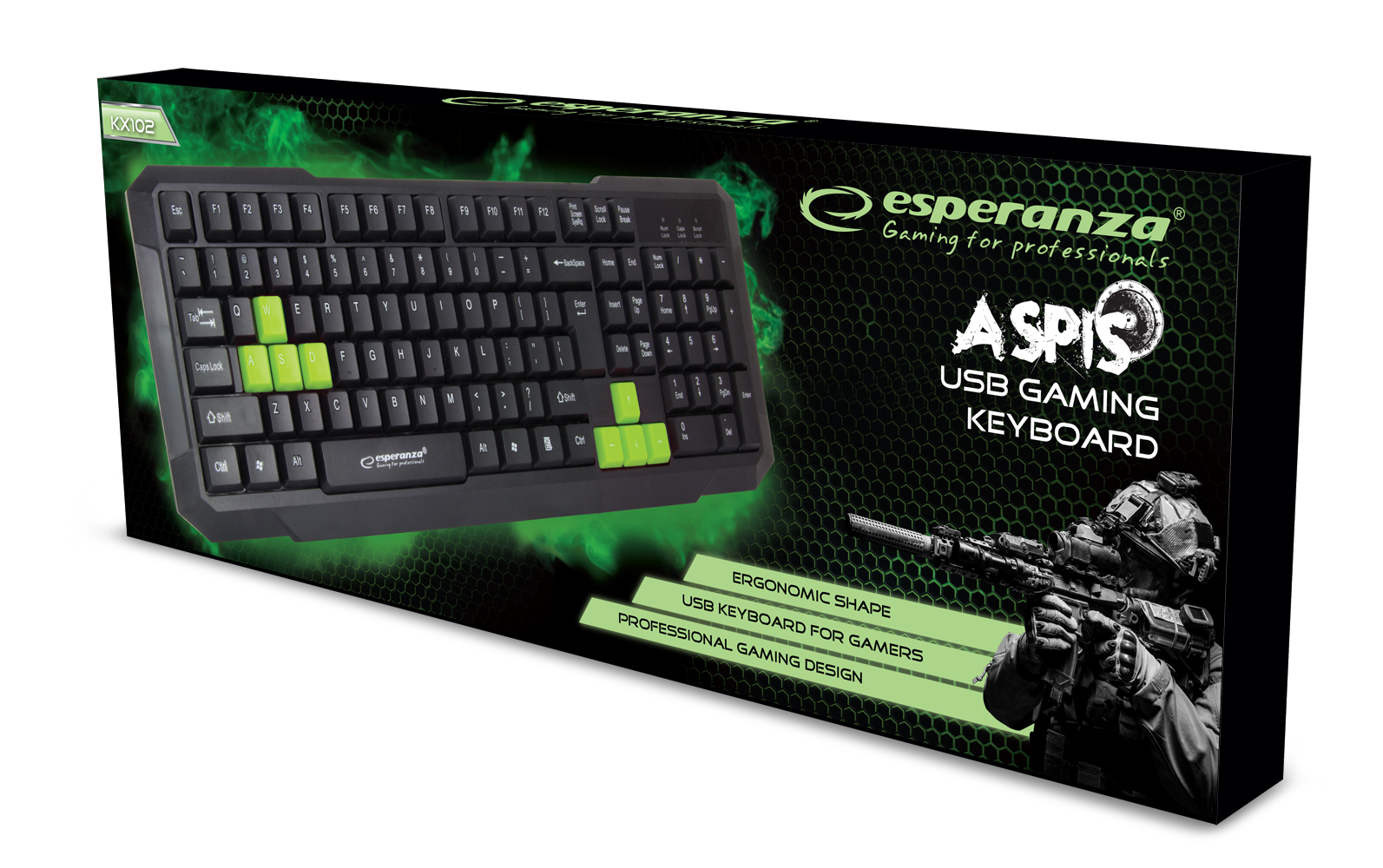 Keyboard membrane Esperanza ASPIS EGK102G (USB 2.0; black color, green color) klaviatūra