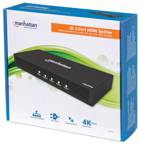 Manhattan 4K 4-Port HDMI-Splitter 4K@60Hz Netzteil schwarz dock stacijas HDD adapteri