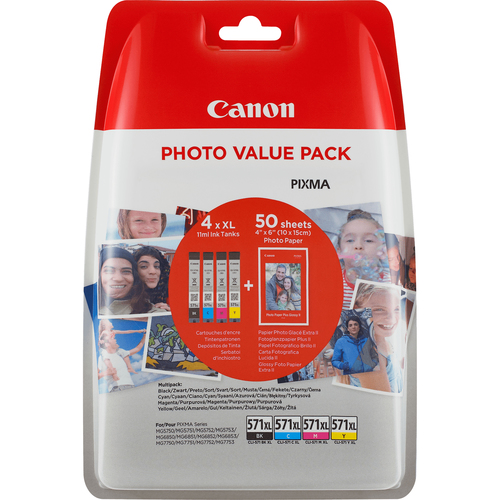 Canon Original Value-Pack Tintenpatronen CLI-571 XL black,cyan, magenta, yellow + 50 Blatt Fotopapier PP-201 (0332C005) kārtridžs