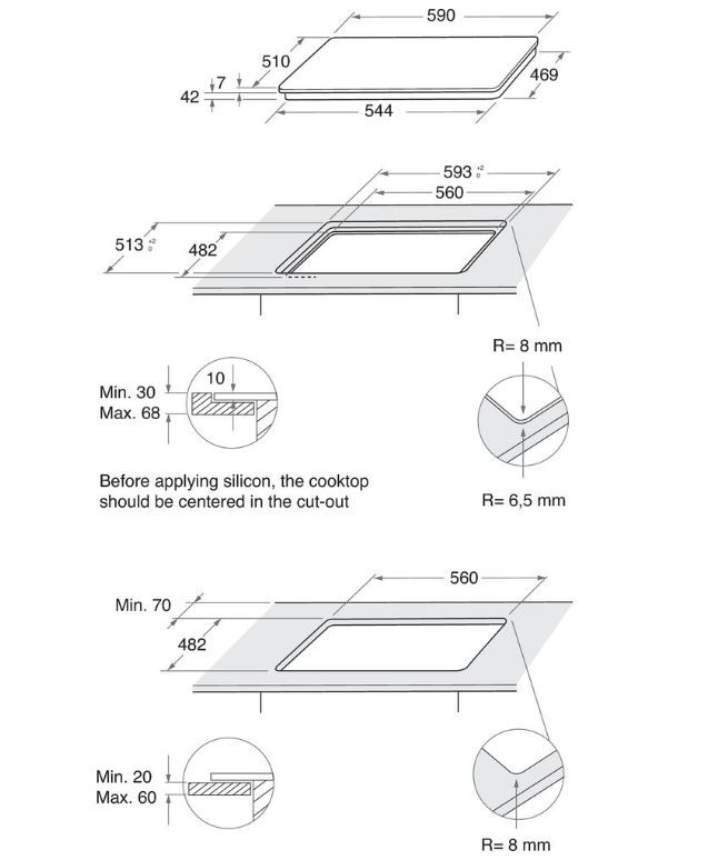 AKT625WH Gas on glass Hoob plīts virsma