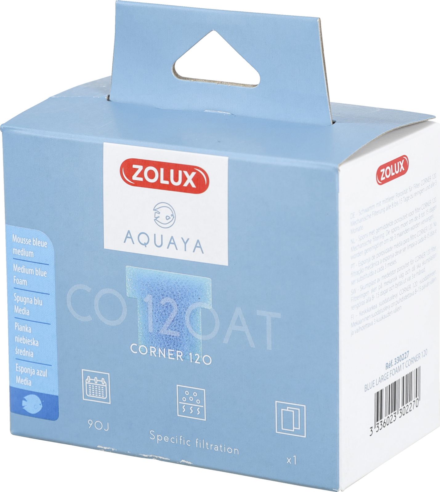 Zolux AQUAYA Wklad gabka Blue Large Foam T Corner 120 7544714 (3336023302270) akvārija filtrs