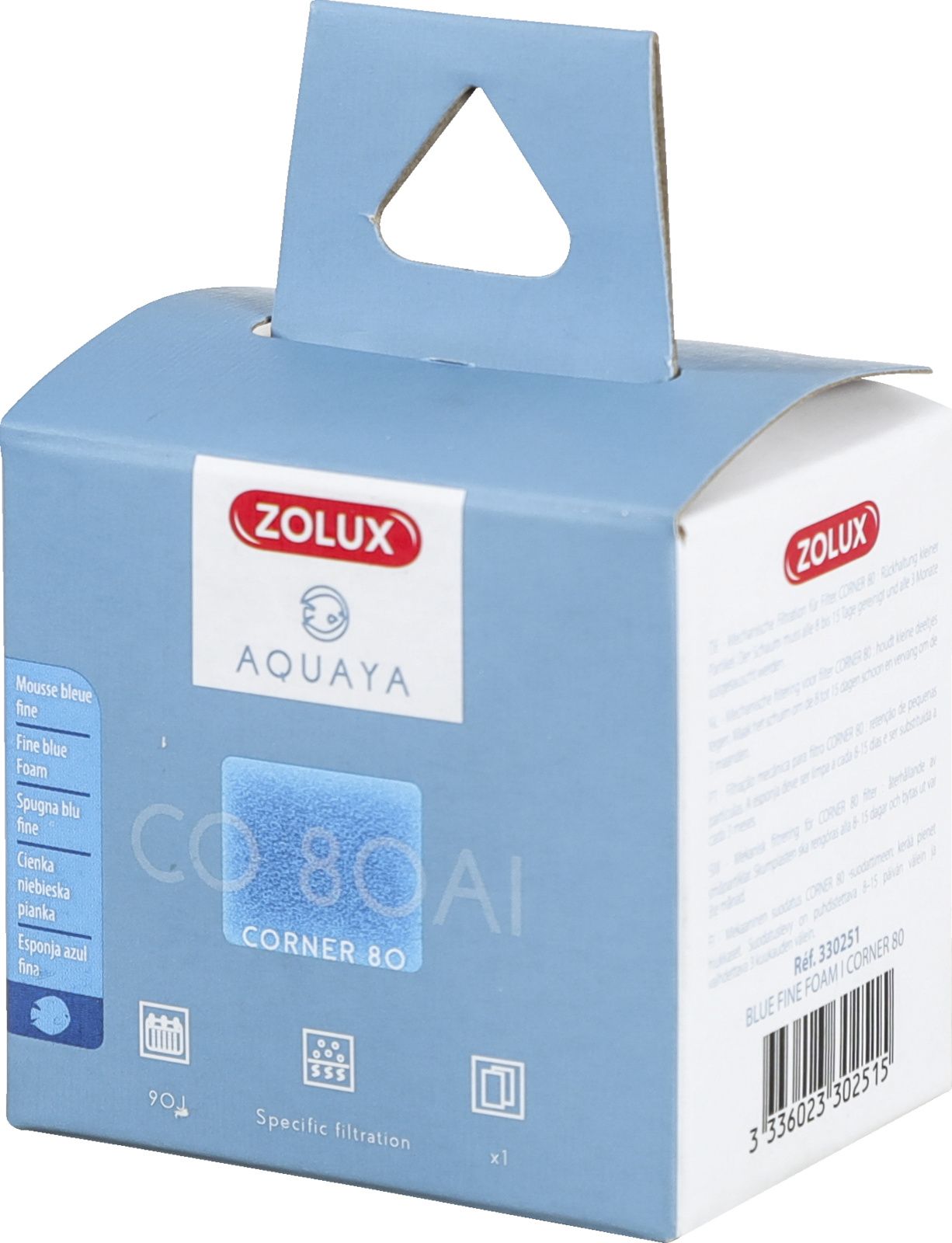 Zolux AQUAYA Wklad gabka Blue Fine Foam I Corner 80 7544707 (3336023302515) akvārija filtrs