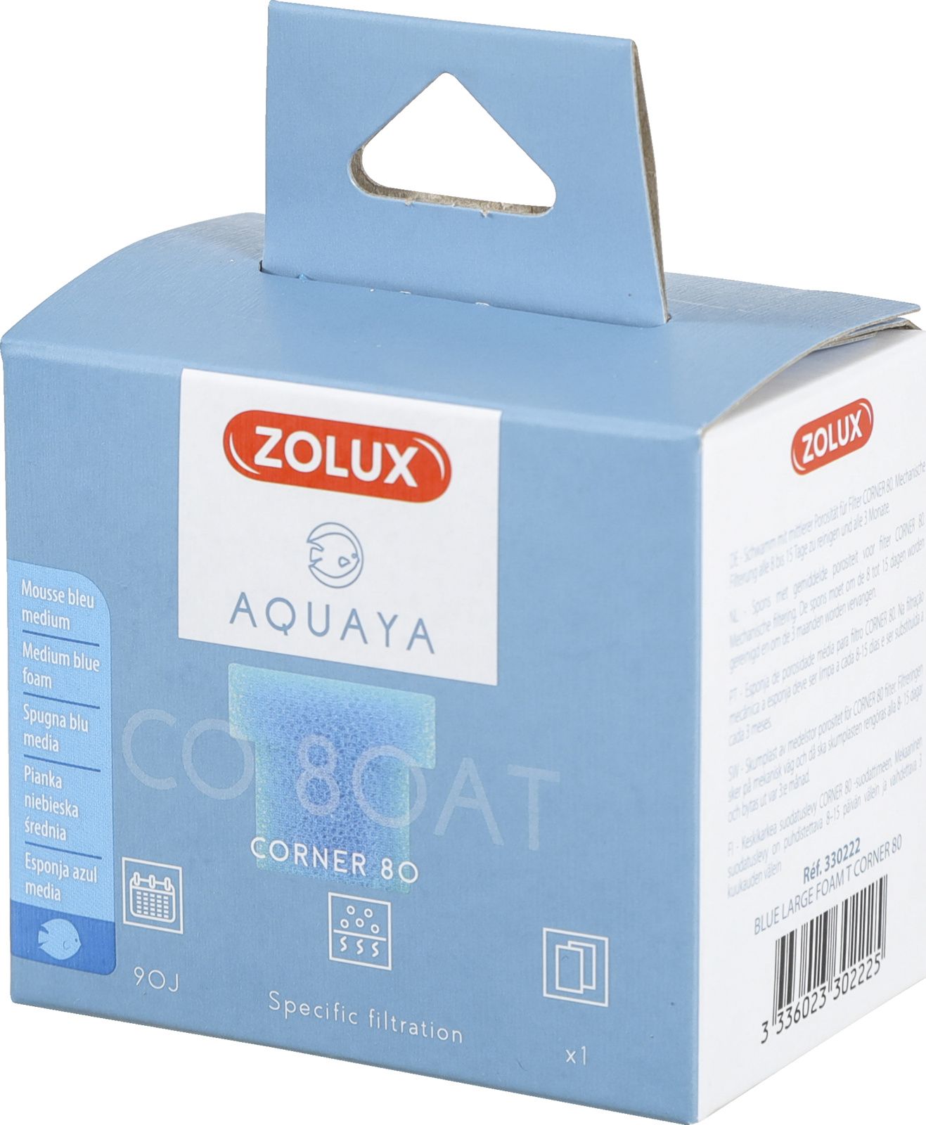 Zolux AQUAYA Wklad gabka Blue Large Foam T Corner 80 7544716 (3336023302225) akvārija filtrs