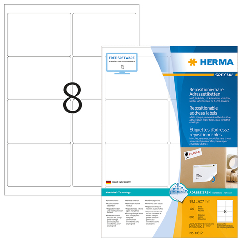 HERMA Adressetiketten A4 white 99,1x67,7 mm opak 800 St. biroja tehnikas aksesuāri