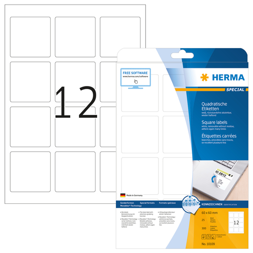 HERMA Etik. A4 white 60x60 mm quadr. ablosb. 300 St. biroja tehnikas aksesuāri