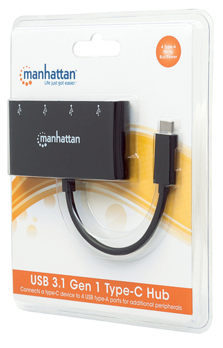 Manhattan USB 3.1 Gen1 TypC-Hub 4 USB A-Ports Strom uber USB adapteris