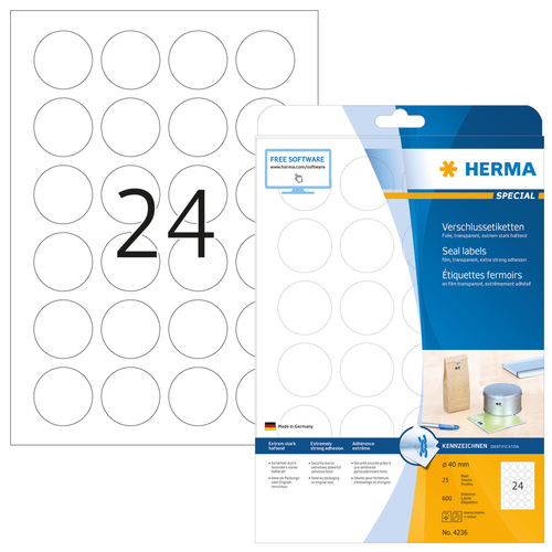 HERMA Verschlussetiketten transparent 40 mm Folie 600 St. biroja tehnikas aksesuāri