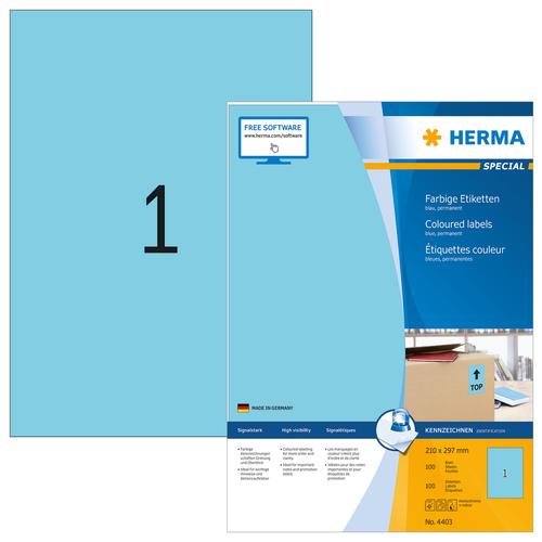 HERMA Etiketten A4 blau 210x297 mm Papier matt  100 St. biroja tehnikas aksesuāri