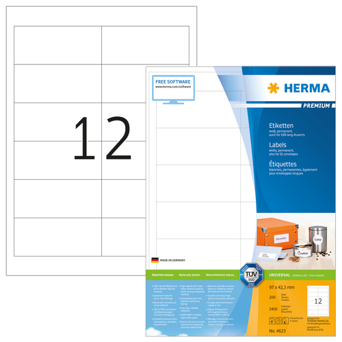 HERMA Etiketten Premium A4 white 97x42,3  mm Papier 2400 St. biroja tehnikas aksesuāri