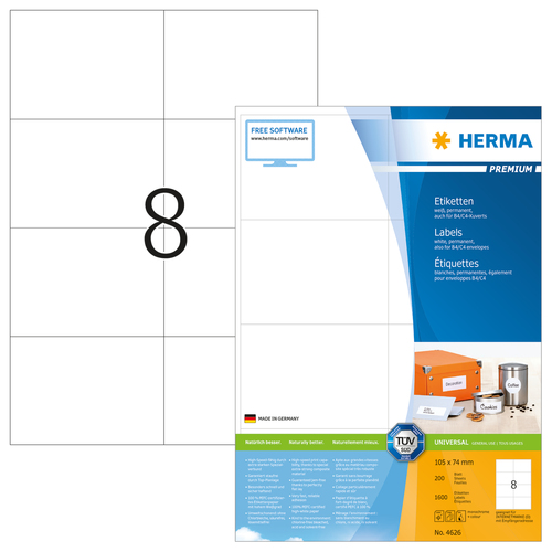 HERMA Etiketten Premium A4 white 105x74   mm Papier 1600 St. biroja tehnikas aksesuāri