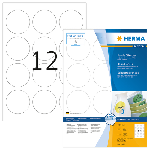 HERMA Etiketten A4 white 60 mm rund ablosb. Papier 1200 St. biroja tehnikas aksesuāri