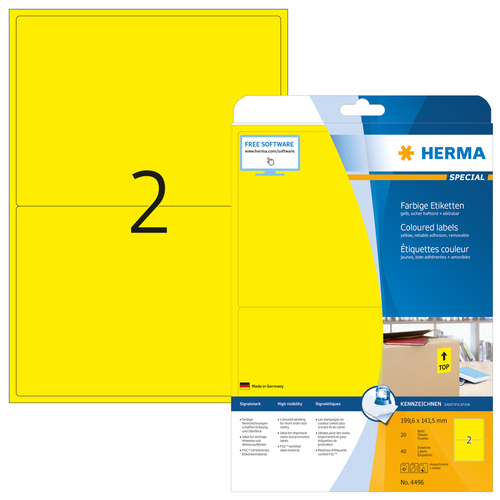 HERMA Etiketten A4 yellow 199,6x143,5 mm Papier matt 40 St. biroja tehnikas aksesuāri