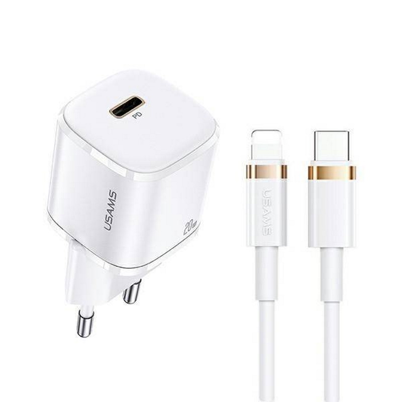 Usams T36 Tīkla lādētājs 20W 1x USB-C ligzdas PD uzlāde + USB-C uz Lightning 1m Vads preikš iPhone 11 12 13 Balta iekārtas lādētājs