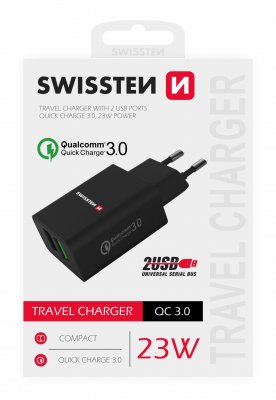 Swissten Premium Tīkla Lādētājs 2x USB / QC3.0 23W Melns iekārtas lādētājs