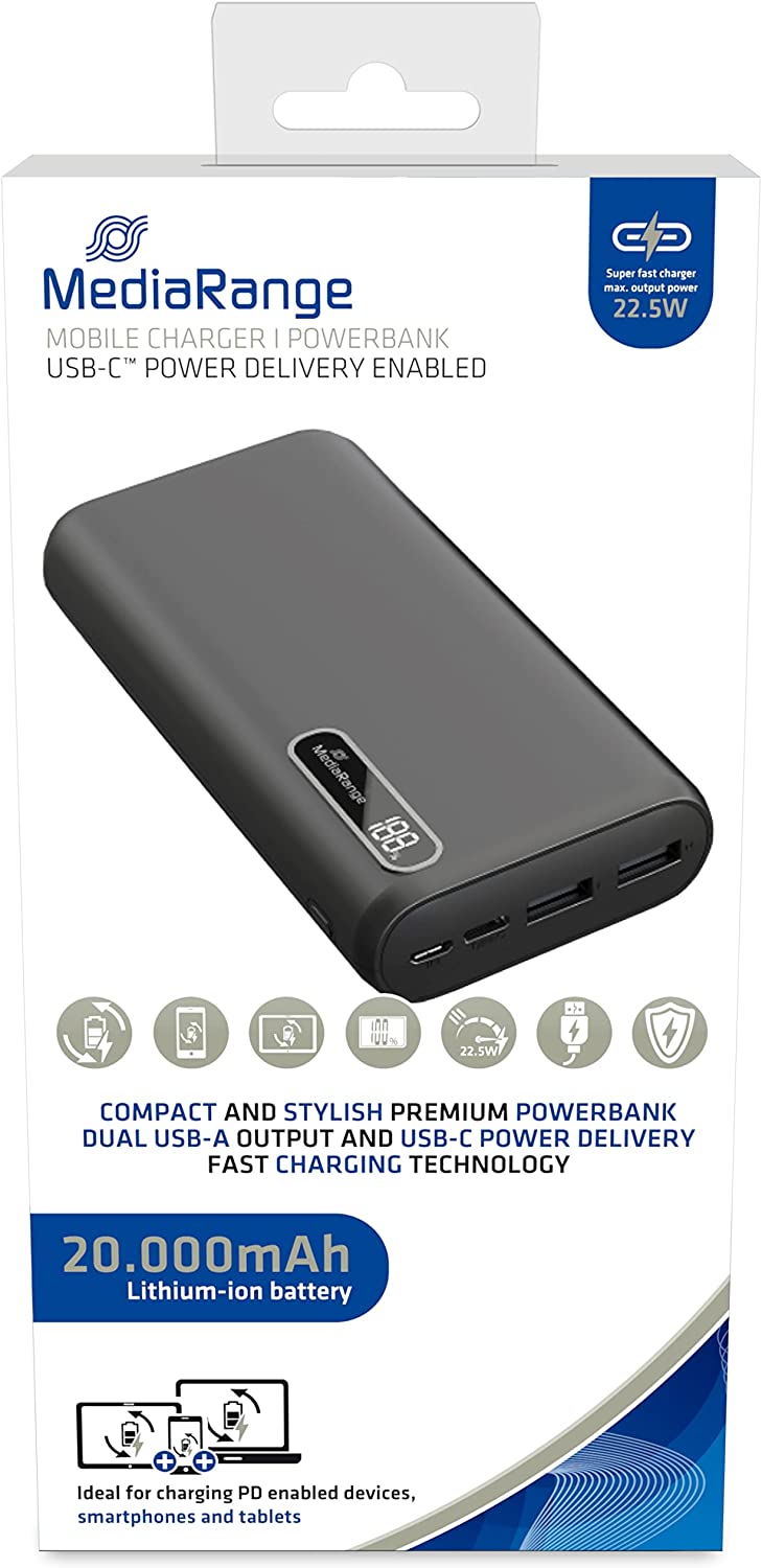 MediaRange Powerbank 20,000 mAh (black, Power Delivery fast charging technology) Powerbank, mobilā uzlādes iekārta