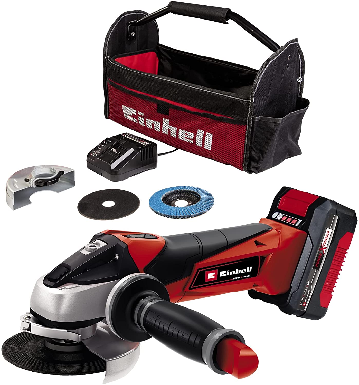 Einhell cordless angle grinder TC-AG 18/115 Li Kit, 18V (red/black, Li-Ion battery 4.0Ah)