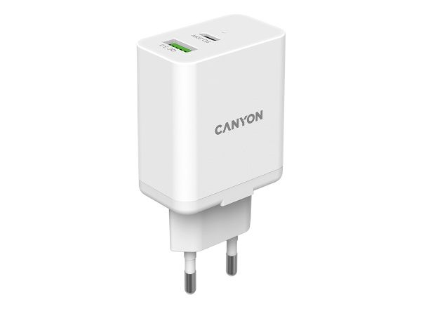 Canyon, PD 20W/QC3.0 18W WALL Charger with 1-USB A+ 1-USB-C   Input: 100V-240V, Output: 1 port charge: USB-C:PD 20W (5V3A/9V2.22A/12V1.67A) portatīvo datoru lādētājs