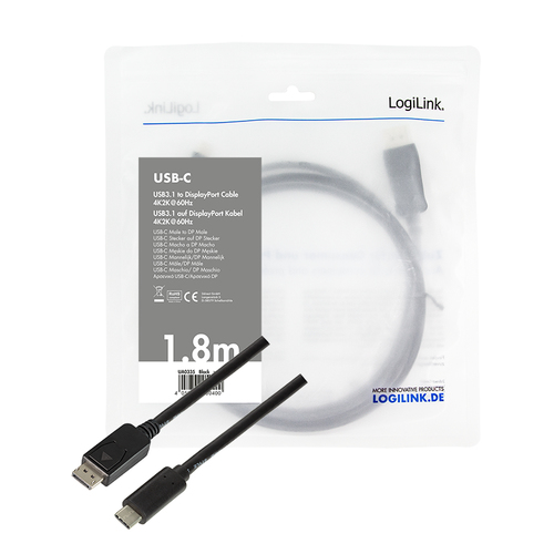 LOGILINK - USB 3.2 Gen 1x1 USB-C M to DisplayPort 1.2 Cable, 1.8m USB kabelis