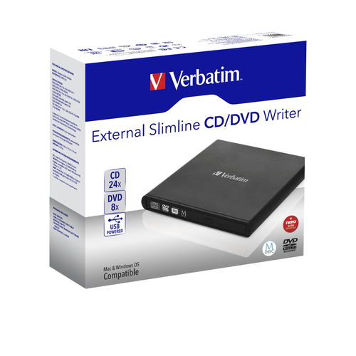 Verbatim External CD/DVD ReWriter, USB 2.0, Slim, Black diskdzinis, optiskā iekārta