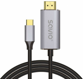 USB-C to HDMI 2.0B cable, 1m, silver-black, golden tips, SAVIO CL-170 USB kabelis