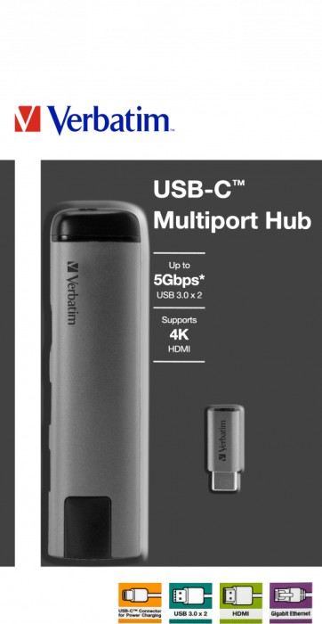 Verbatim USB-C Adapter USB 3.1 GEN 1 USB 3.0 + 2 HDMI RJ45 dock stacijas HDD adapteri