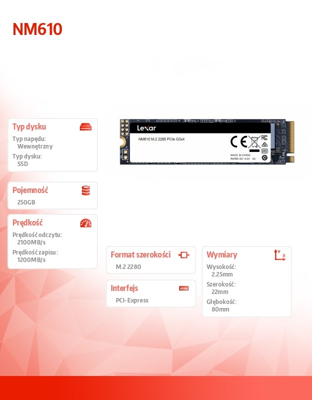 Lexar NVMe SSD NM610 250 GB, SSD form factor M.2 2280, SSD interface PCIe Gen3x4, Write speed 1200 MB/s, Read speed 2000 MB/s 843367115891 SSD disks