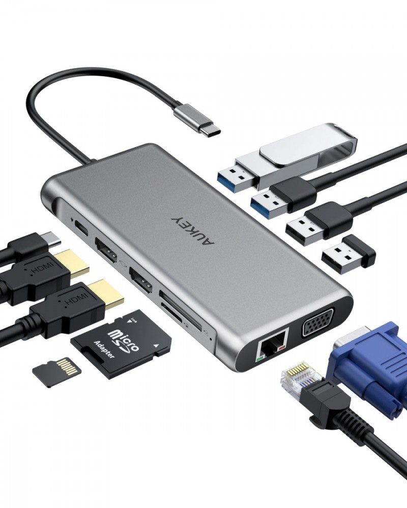 HUB CB-C78 aluminum USB-C | 12w1 | RJ45 Ethernet 10/100/1000Mbps | 2xUSB 3.1 | 2xUSB 2.0 | 2xHDMI 4k@30Hz | VGA | SD i microSD | USB-C | USB USB centrmezgli