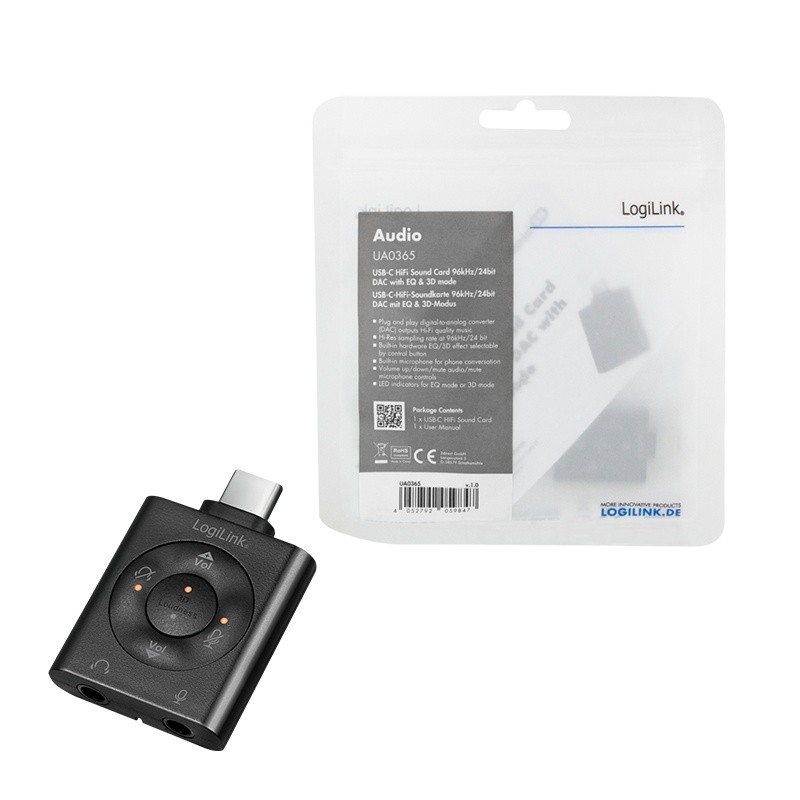 LogiLink Audio Adapter 1xUSB-C -> 2x3,5mm/F, virt.7.1,0.15m