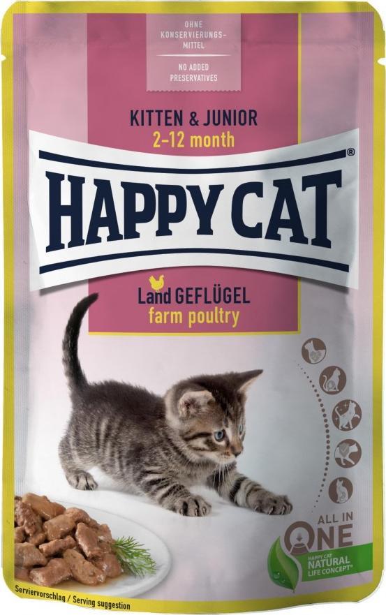 Happy Cat Kitten & Junior Farm Poultry, mokra karma, dla kociat w wieku 2-12 mies., drob, 85 g, saszetka HC-1214 (4001967141214) kaķu barība