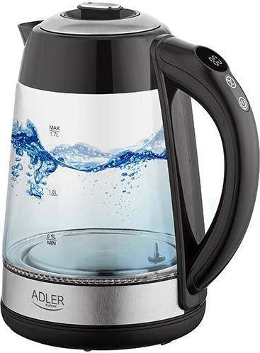 Adler Kettle AD 1285 Electric, 2200 W, 1.7 L, Glass/Stainless steel, 360 degrees  rotational base, Grey Elektriskā Tējkanna