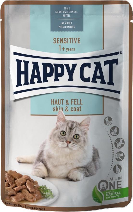 Happy Cat Sensitive Meat in Sauce Skin & Coat, mokra karma, dla kotow doroslych, dla zdrowej skory i siersci, kurczak i losos, 85 g, saszetk kaķu barība