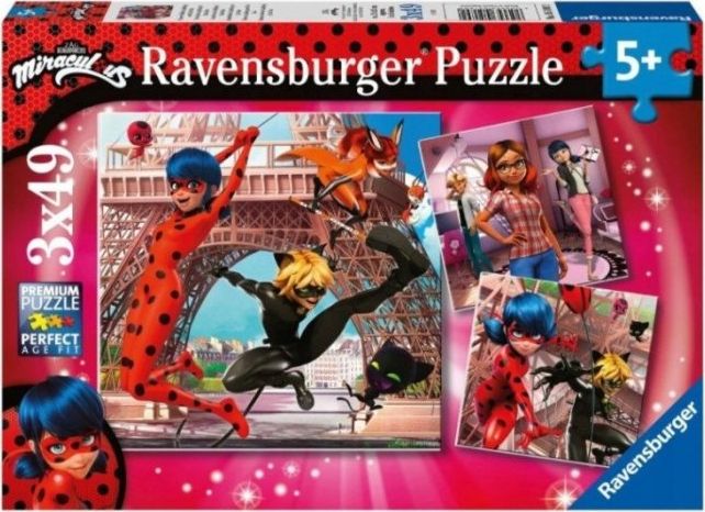 Ravensburger Puzzle 3x49 elementow Miraculum Biedronka i Czarny Kot GXP-765928 (4005556051892) puzle, puzzle