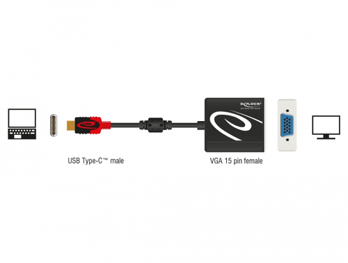 Adapter USB-C->VGA M/F Thunderbolt 3 black adapteris