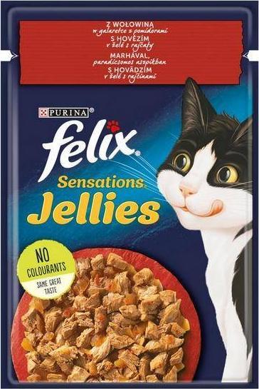 Nestle FELIX sasz.85g SENSATIONS WOLOWINA w galaretce z pomidorami /26 12448780 kaķu barība